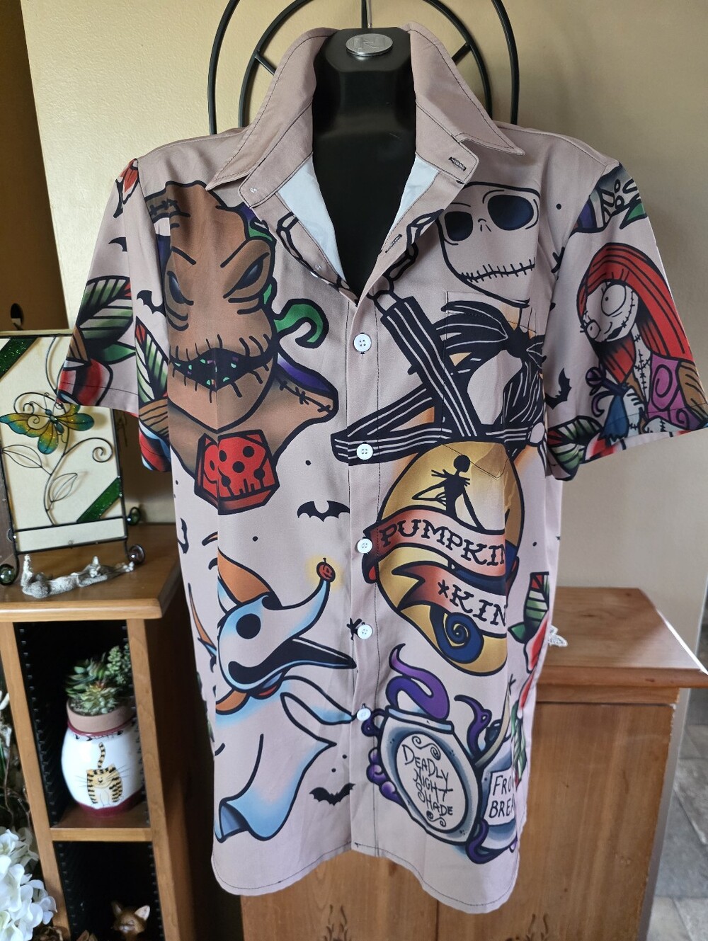 Nightmare Before Christmas Pumpkin King Graphic Button Down Short-Sleeve Shirt